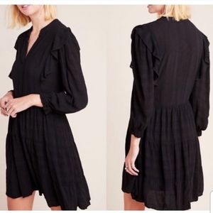 Anthropologie Amadi Black Ruffled Prairie Dress Long Sleeve Small